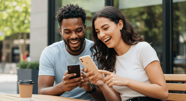 Two smiling friends sitting outdoors using smartphones, representing affordable unlimited wireless plan for two lines.