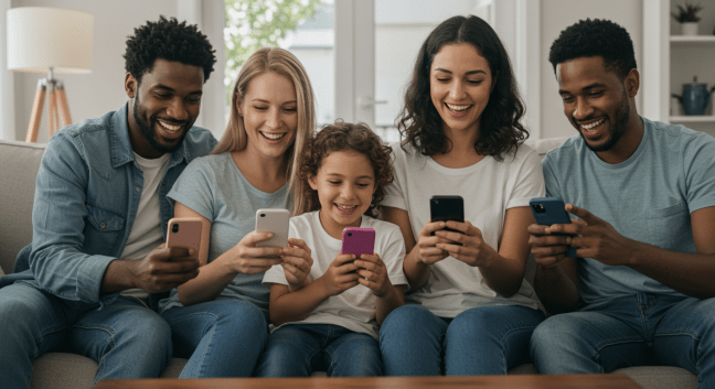 Happy family or group of friends sitting on a couch using smartphones, representing new wireless customers enjoying one month free for all lines.