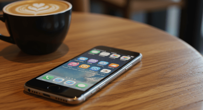 Modern smartphone on a café table next to a cup of coffee, showing strong signal to represent unlimited wireless service.