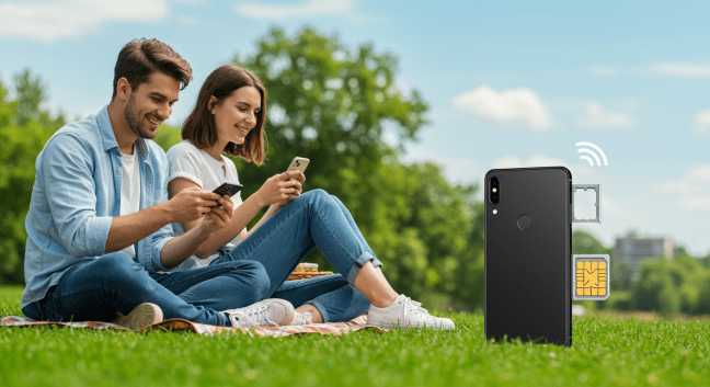 Happy couple outdoors using smartphones with unlimited wireless plan, showing easy SIM card setup and hotspot freedom.