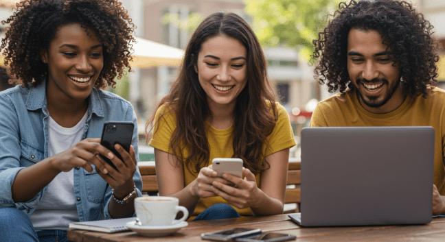 Three diverse friends using smartphones and a laptop together, showing unlimited wireless plan benefits from MyFreeWireless Partner