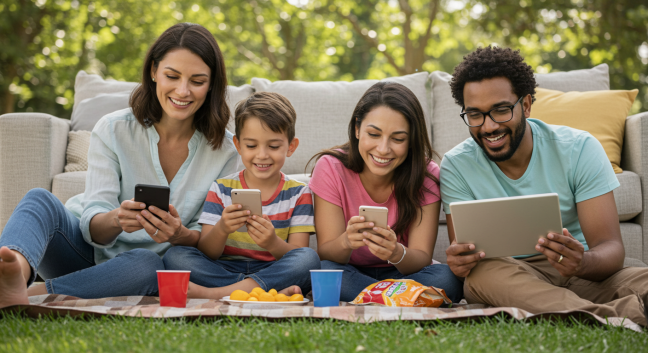 Diverse family of four using mobile devices together, representing affordable unlimited wireless plan and support for Project Feeding Kids through MyFreeWireless Partner.