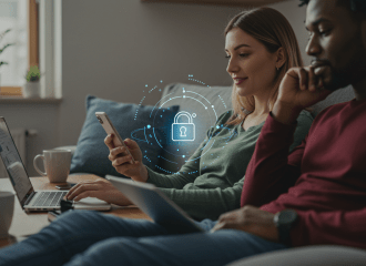 Person using smartphone and laptop in a secure home environment, representing identity protection and device security through MyFreeWireless Partner Program