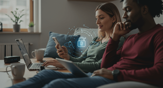 Person using smartphone and laptop in a secure home environment, representing identity protection and device security through MyFreeWireless Partner Program