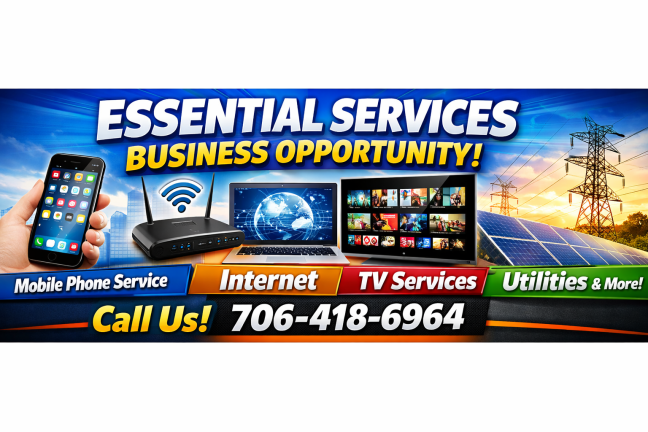 Essential services business opportunity showing mobile phone, internet, TV, and utilities creating residual income.
