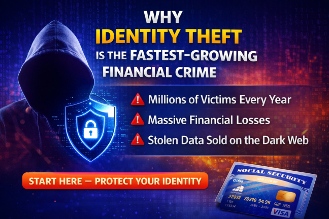 Graphic warning about identity theft as the fastest-growing financial crime, showing a hooded figure, digital security shield, and message encouraging identity protection.