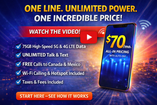 Promotional image for MyFreeWireless unlimited single-line plan showing $70 per month pricing with 75GB of high-speed 5G and 4G LTE data, unlimited talk and text, free calls to Canada and Mexico, and mobile hotspot included.