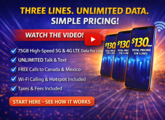 Promotional graphic advertising a 3-line unlimited wireless plan for $130 per month with 75GB high-speed 5G and 4G LTE data per line, unlimited talk and text, free calls to Canada and Mexico, hotspot access, and taxes included.