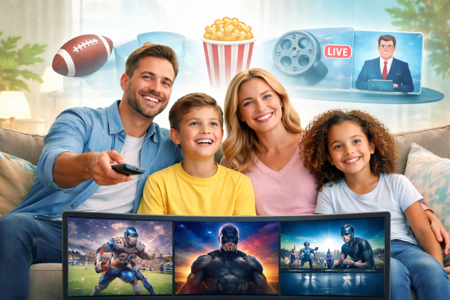 Family enjoying live TV, sports, and movies with a reliable residential television service