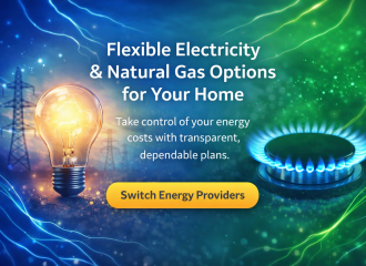 Flexible electricity and natural gas options graphic showing a light bulb and gas burner with switch energy providers message