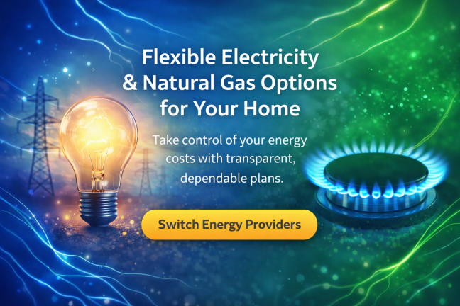 Flexible electricity and natural gas options graphic showing a light bulb and gas burner with switch energy providers message