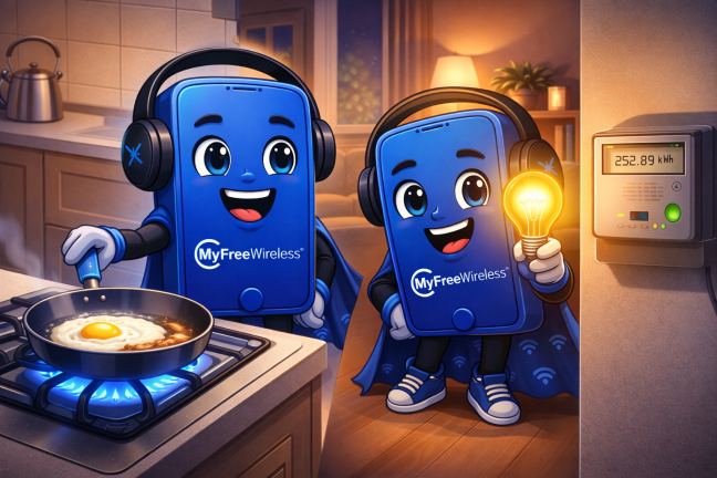 Wireless mascot using gas and electricity at home, representing affordable energy and utility services