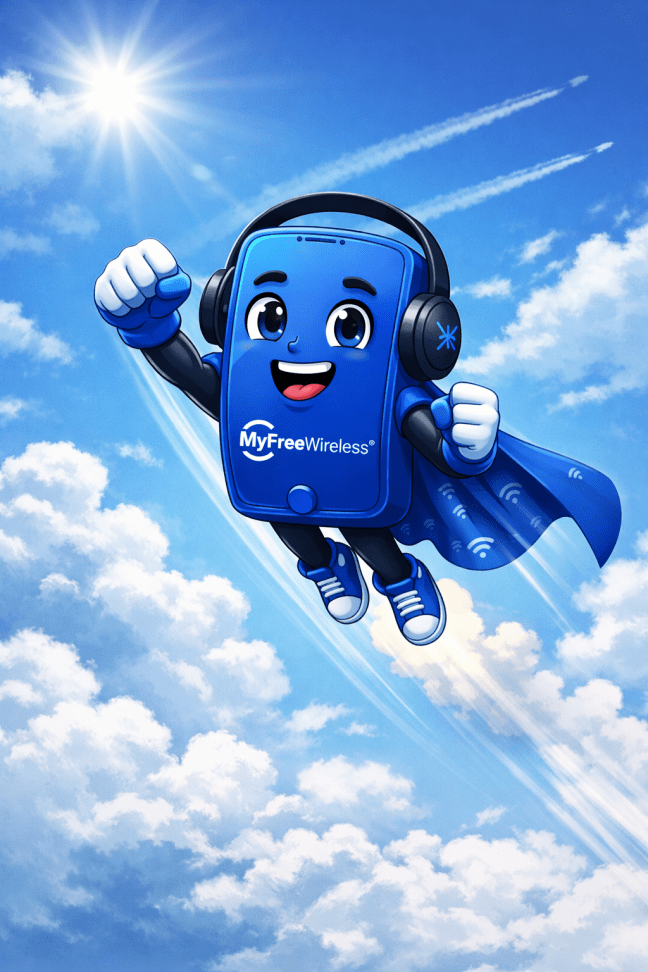 Friendly wireless mascot flying like a superhero representing affordable mobile service and nationwide coverage